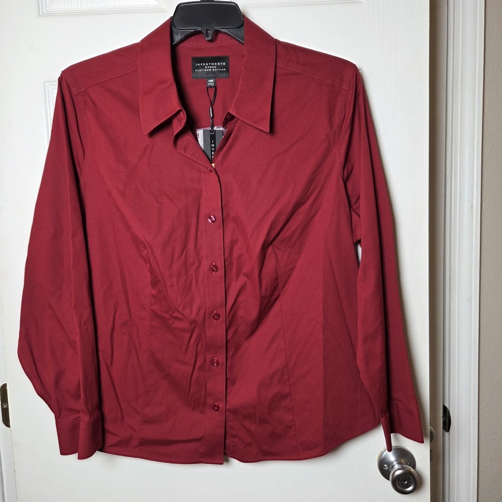 Investments sz 18W burgundy button up shirt NWT casual career basic cotton/spndx - Picture 1 of 14